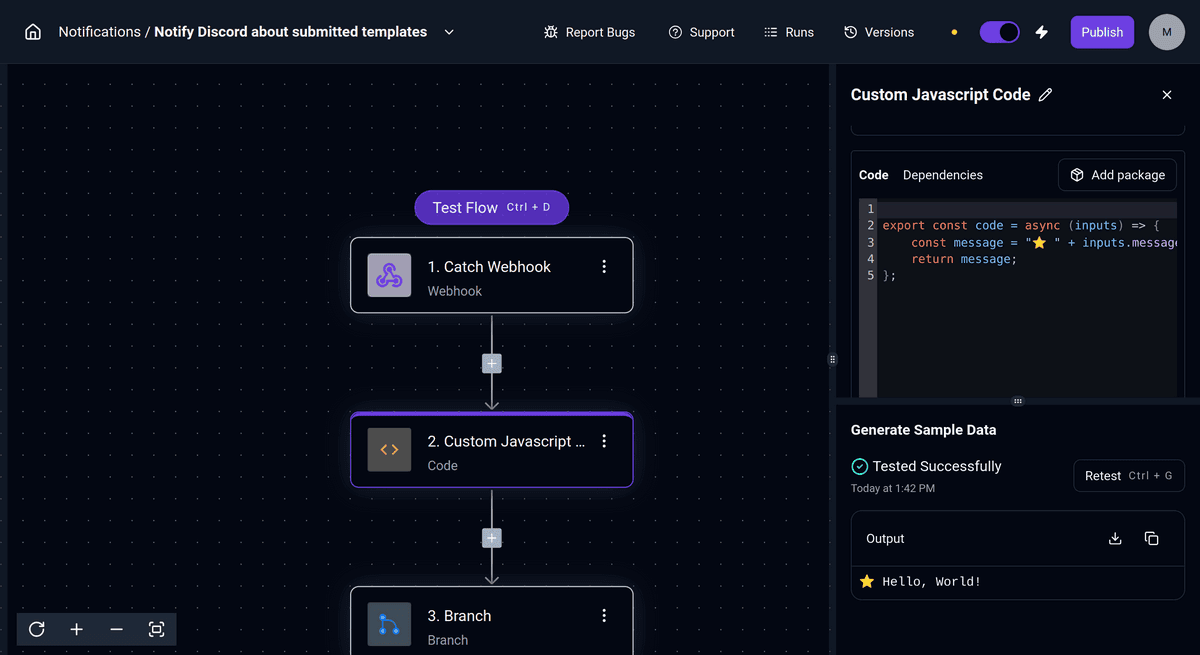 Workflow builder screen for "Notify Discord about submitted templates