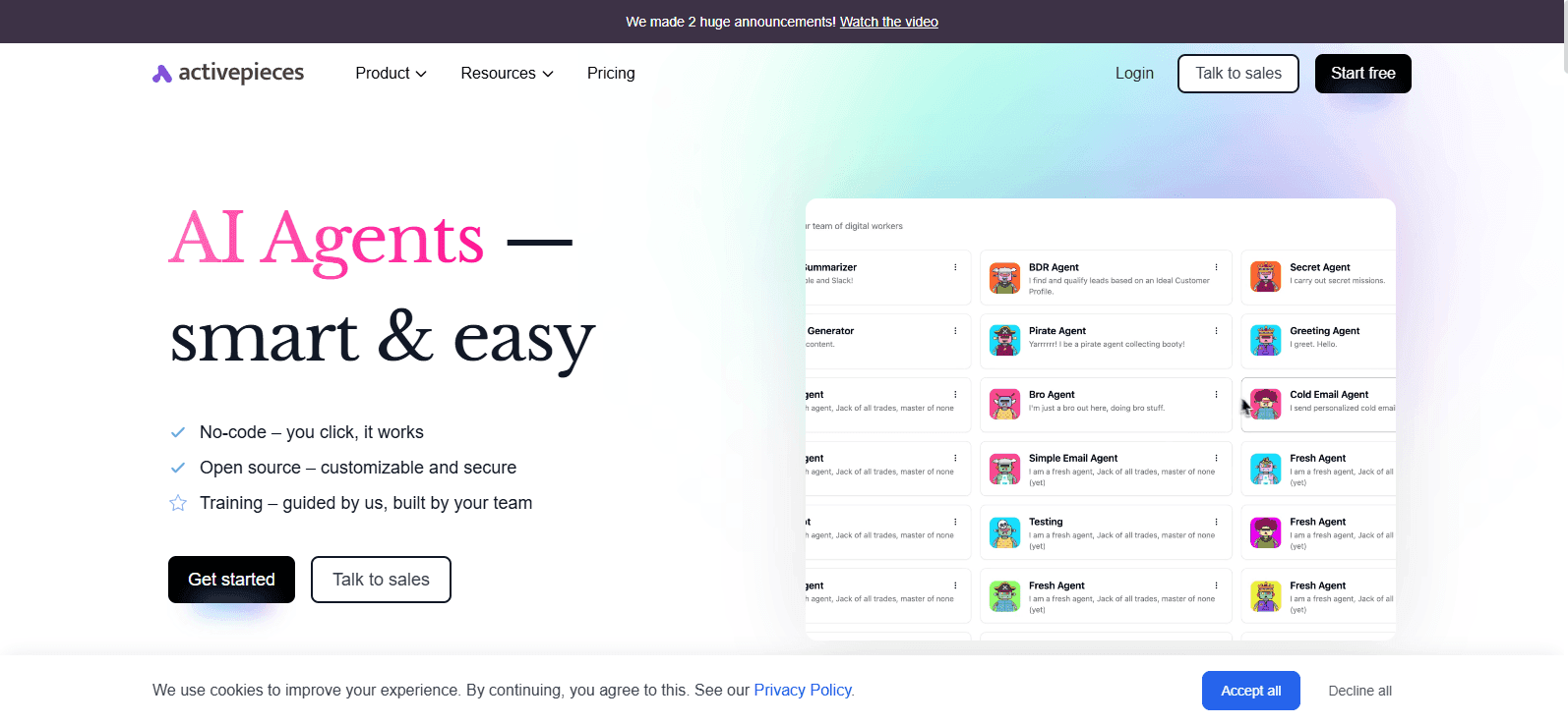 Activepieces homepage: "AI Agents smart & easy" hero with feature checkmarks and a grid of AI agent cards.