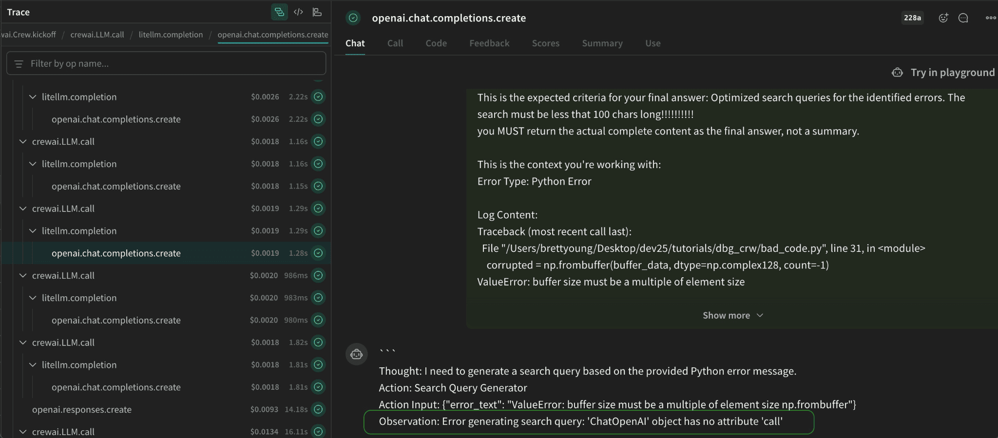 LangSmith trace view showing a CrewAI agent run with nested LLM calls and a tool execution error highlighted in the chat panel.