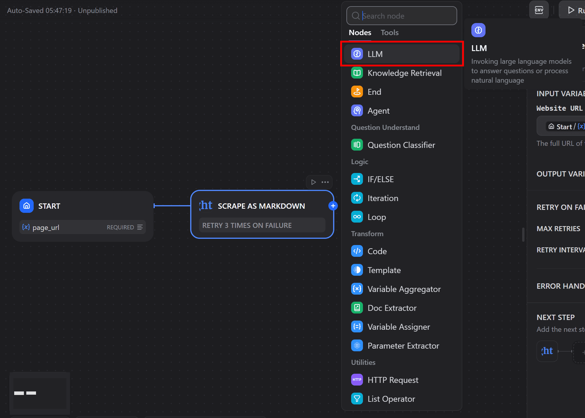 Dify workflow editor with node picker open, LLM node highlighted.