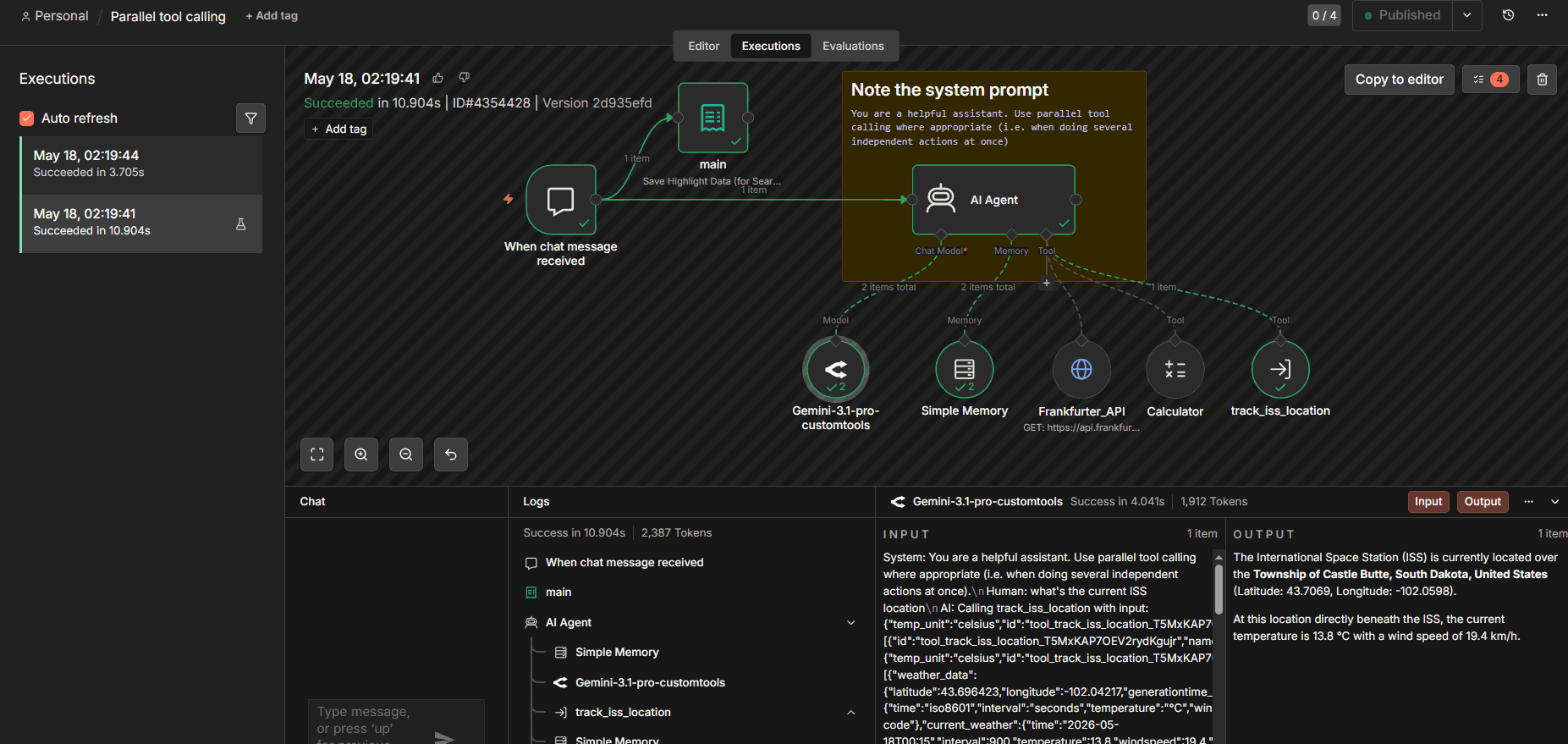 n8n execution log for an AI Agent workflow demonstrating parallel tool calling.