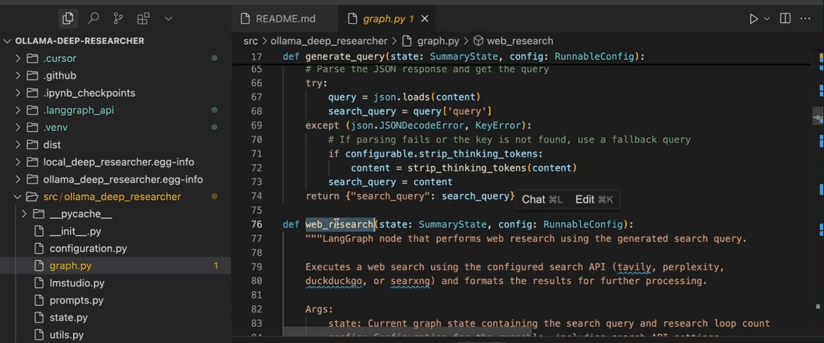 Code editor showing graph.py in the ollama-deep-researcher project, with the generate_query and web_research functions visible (the latter performing web search via Tavily, Perplexity, DuckDuckGo, or SearXNG).