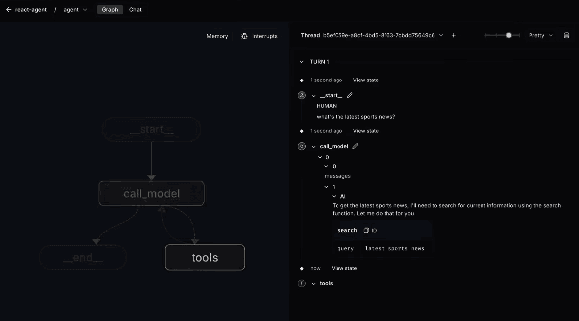 LangGraph react-agent debug view: a start to call_model to tools graph on the left, and a trace on the right showing the model responding to "what's the latest sports news?" by invoking a search tool with query "latest sports news."
