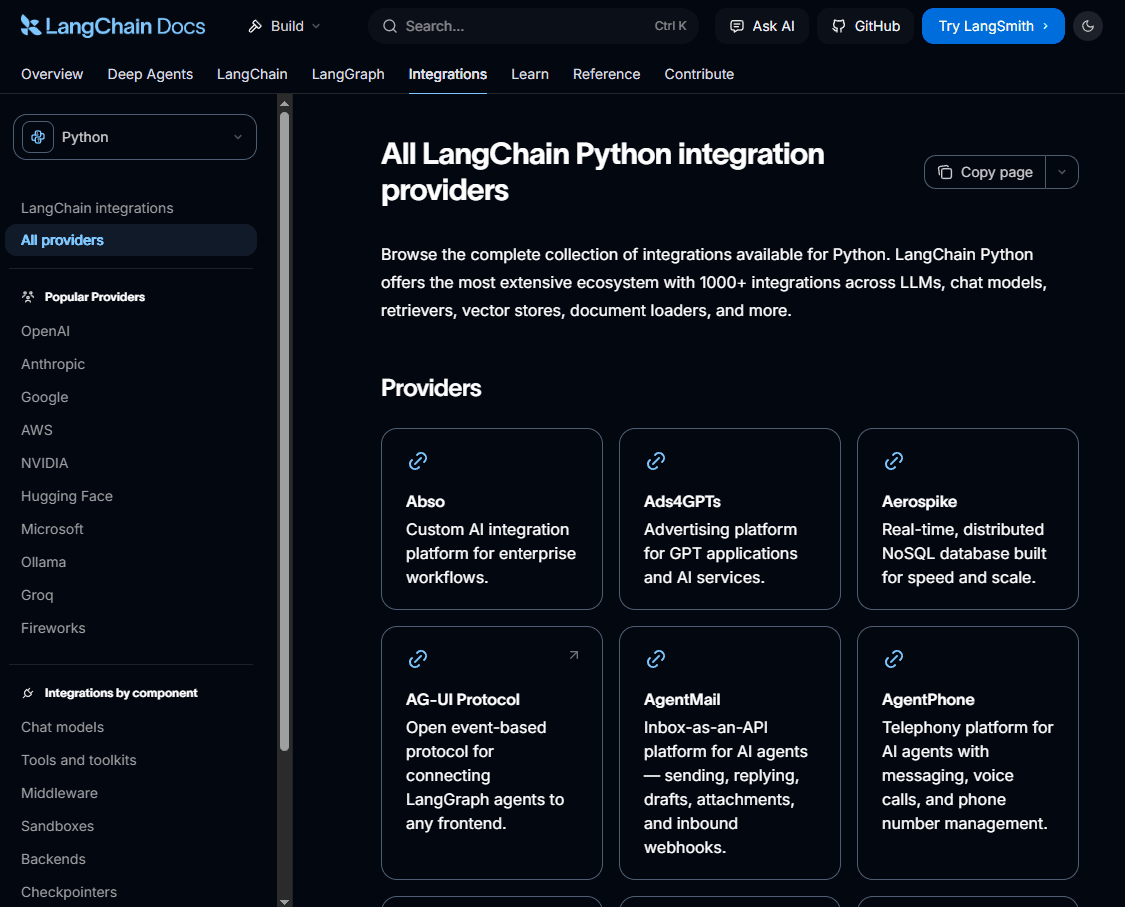 LangChain Docs "All Python integration providers" page listing 1000+ integrations, with a sidebar of popular providers (OpenAI, Anthropic, Google, AWS, etc.) and provider cards including Abso, Ads4GPTs, Aerospike, AG-UI Protocol, AgentMail, and AgentPhone.