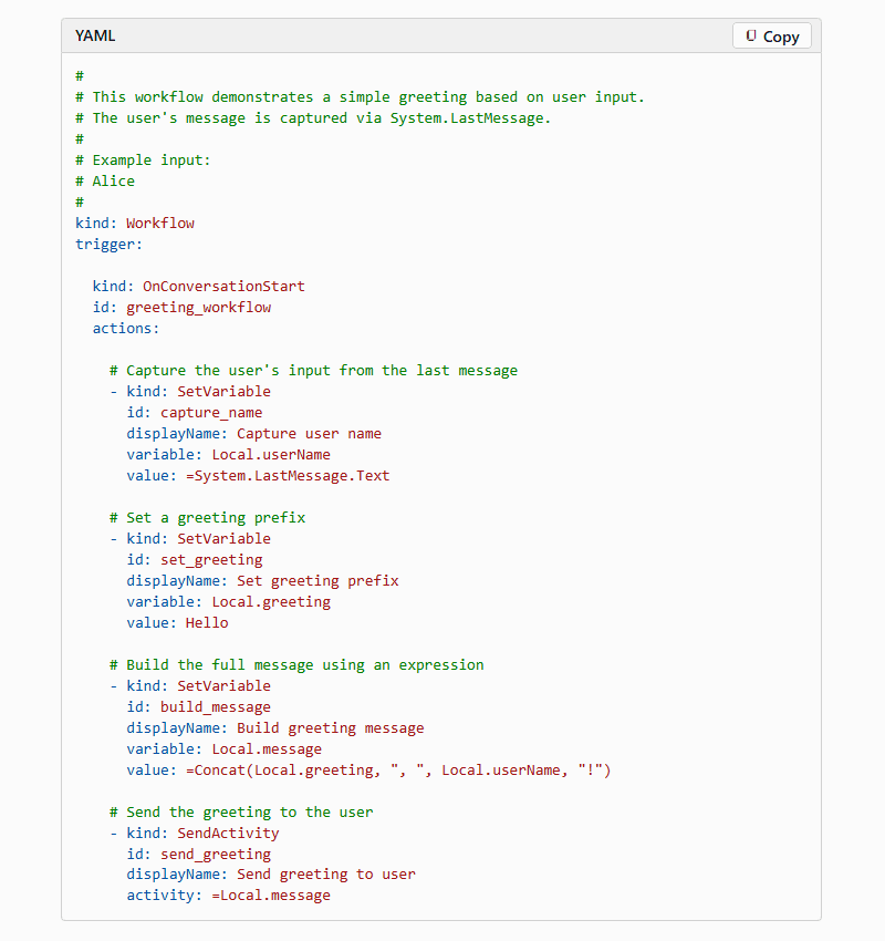 Defining a Microsoft Agent Framework graph workflow in a YAML config file, with declarative trigger and action nodes instead of a visual canvas.