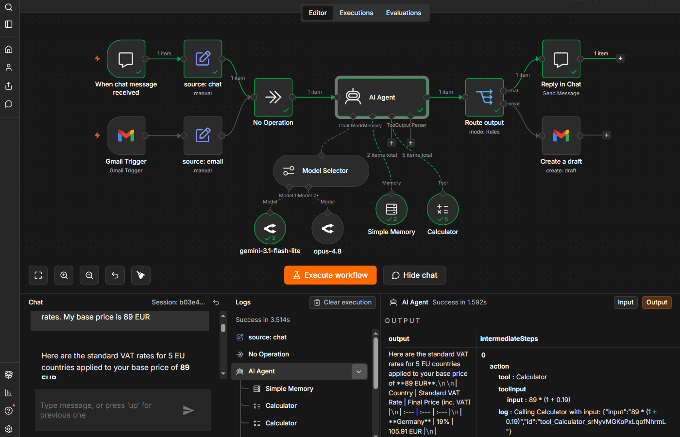 n8n workflow with dual triggers (chat and Gmail) feeding an AI Agent that uses a Model Selector (Gemini and Opus), Simple Memory, and a Calculator tool, then routes output to either a chat reply or a Gmail draft. Execution log shows a successful run computing VAT rates for a 89 EUR base price across 5 EU countries.