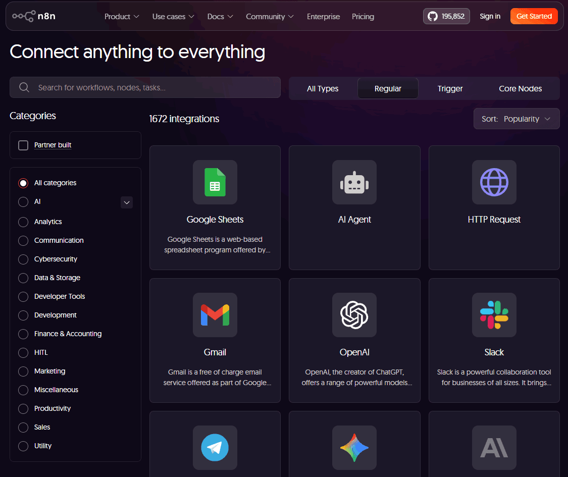 n8n's integrations page ("Connect anything to everything") showing 1,672 integrations with category filters and popular nodes like Google Sheets, AI Agent, HTTP Request, Gmail, OpenAI, and Slack.