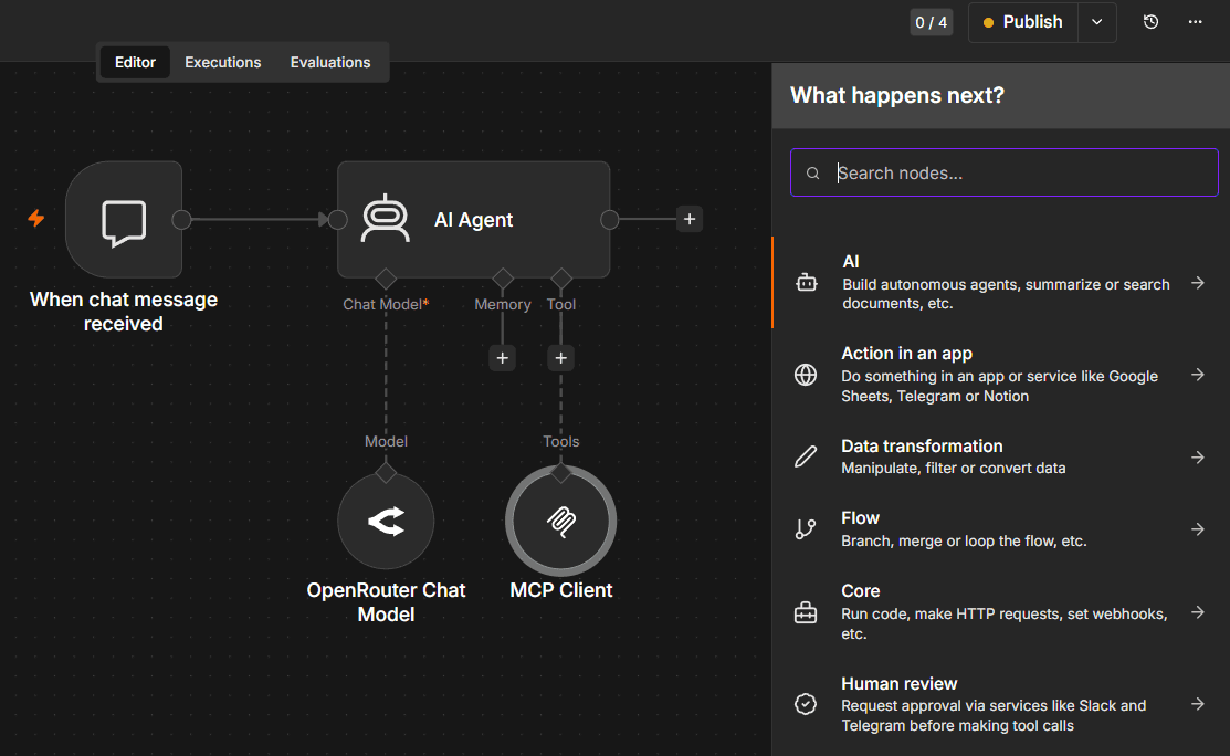 n8n AI Agent workflow with OpenRouter chat model and MCP Client tool, node panel open.