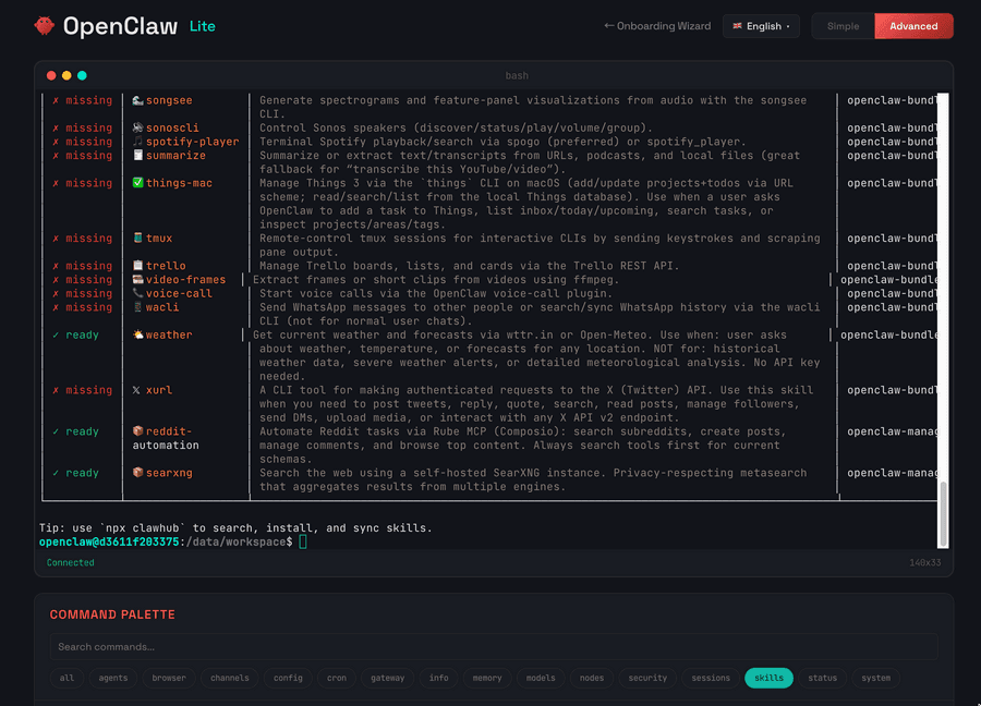 OpenClaw Lite web terminal interface showing a list of available skills with ready or missing status, and a command palette below.