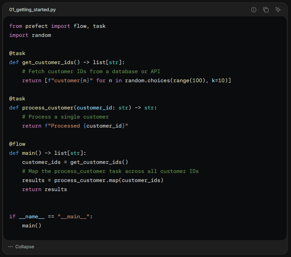 Prefect Python script using @task and @flow decorators to build a customer-processing flow.