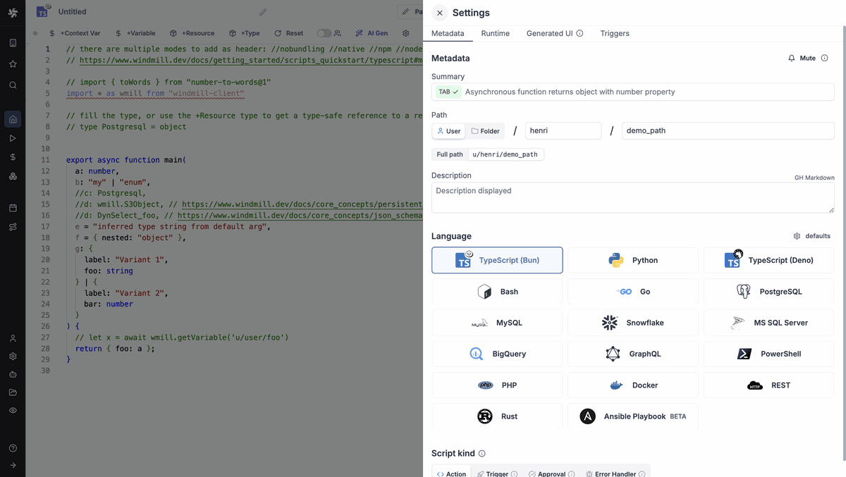 Windmill built-in code editor with a TypeScript script and a language picker offering Python, Go, Bash, SQL, PHP, Rust, and more.