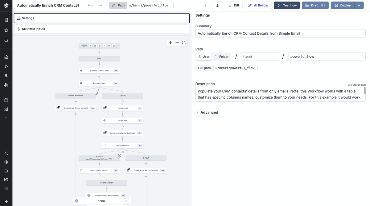 Windmill low-code flow editor with a multi-step CRM enrichment workflow, branching logic and loops, alongside its settings and path configuration panel.