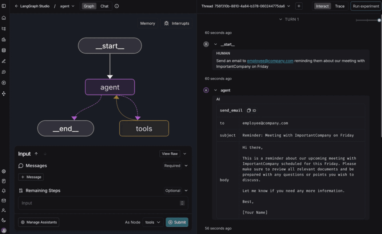 LangGraph Studio interface showing a simple agent graph (start → agent → tools loop → end) alongside a trace panel where the agent sends a reminder email about a Friday meeting with ImportantCompany.