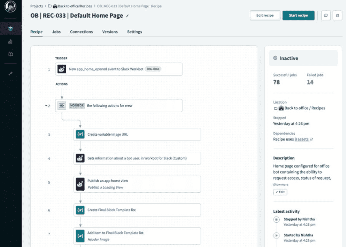 Screenshot of a Workato recipe builder showing a Slack bot home page workflow, with trigger and action steps listed on the canvas and recipe status details in the side panel.