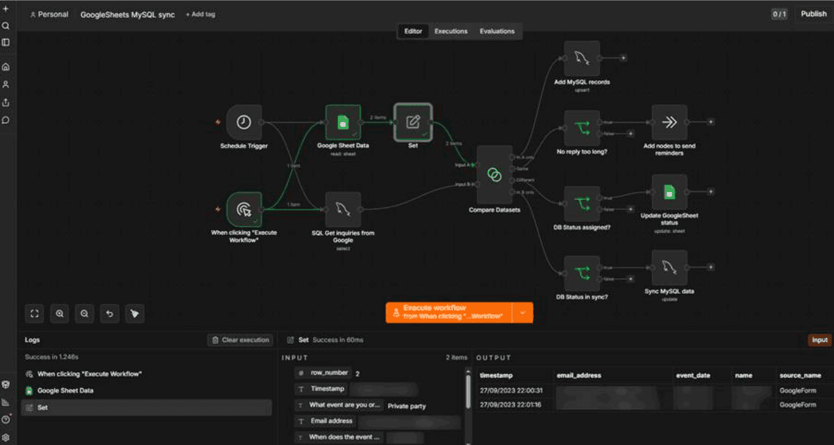 Screenshot of an n8n automation workflow syncing Google Sheets data with a MySQL database, showing node connections and execution logs.